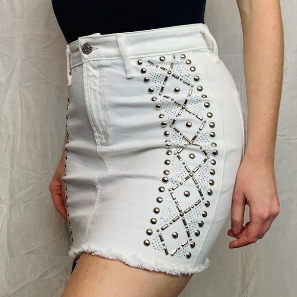 White AG Denim Studded Mini High Waist Skirt - Picture 2 of 8